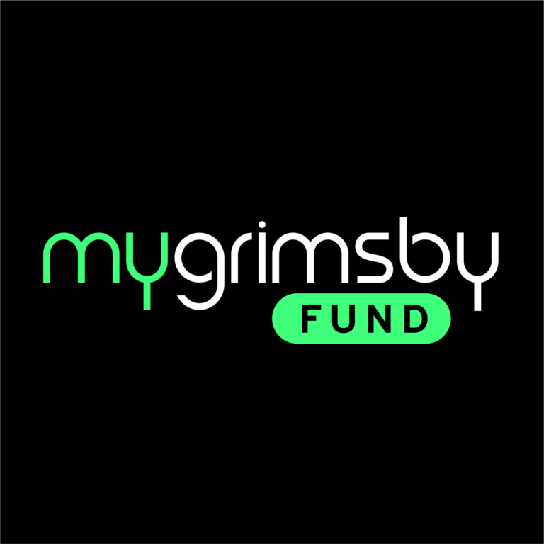 A white and green logo with the text "mygrimsby fund"