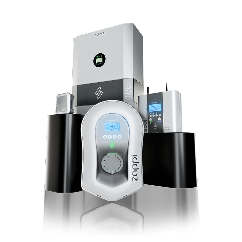 Myenergi product family consisting of: zappi EV charger, eddi solar diverter, libbi home battery and harvi wireless CT sensor